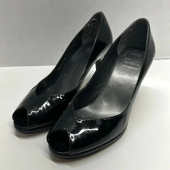 Stuart Weitzman Heels High Heel Pumps Shoe Peep Toe Shiny Patent Leather Black 8 - Picture 2 of 11